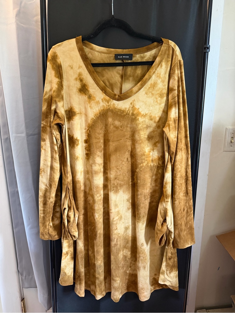 Rae Mode V-Neck Long Sleeve Tie-Dye Midi Dress in Mustard. Pockets.